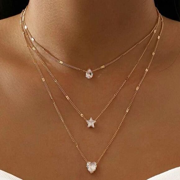 Jewelry set necklace and stud earrings layered rhinestones gold tone - Picture 7 of 9